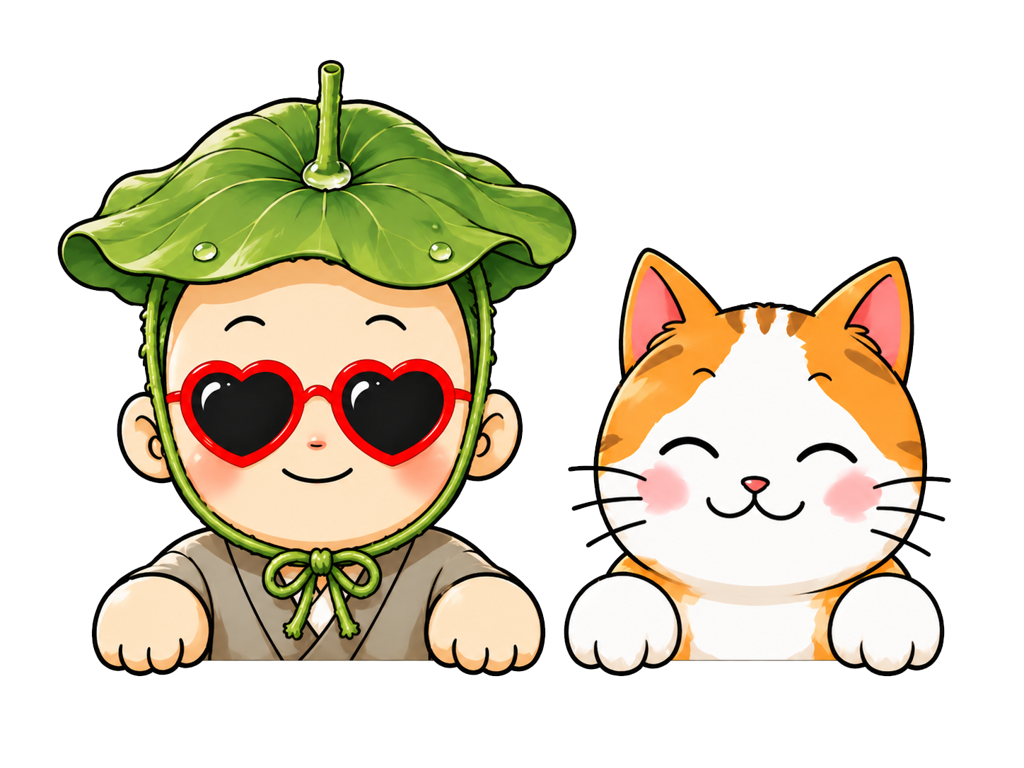 연잎 모자를 쓴 동자승과 웃는 고양이